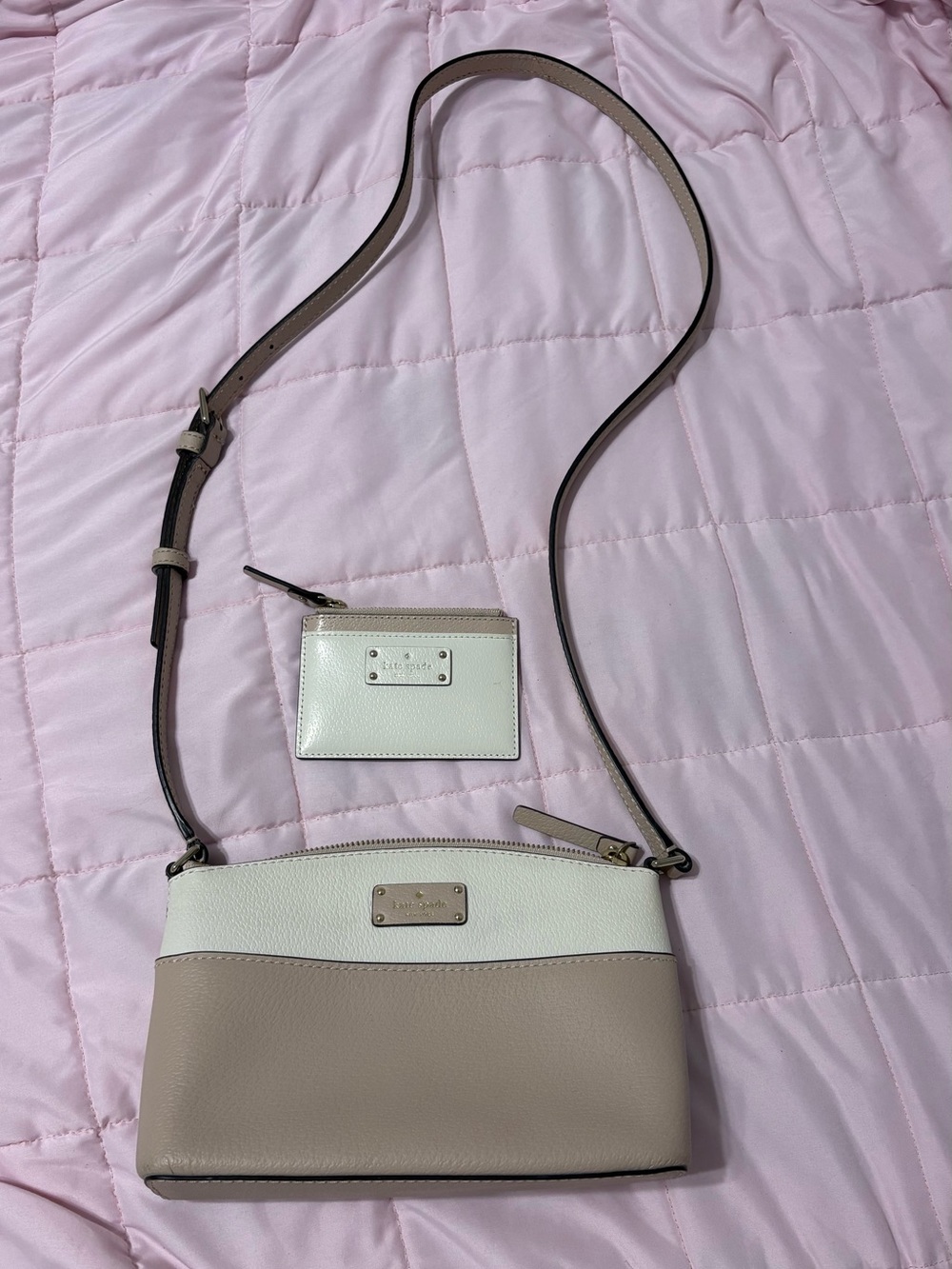 Kate Spade Pebble Leather Two-Tone Cream & Taupe Crossbody with Card Case